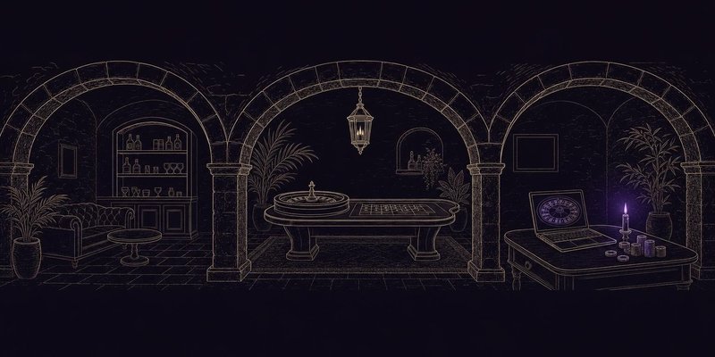 Ilustración a tinta: una sala abovedada con tres arcos de piedra, una mesa de ruleta bajo el arco central y un portátil con una ruleta en una mesa lateral