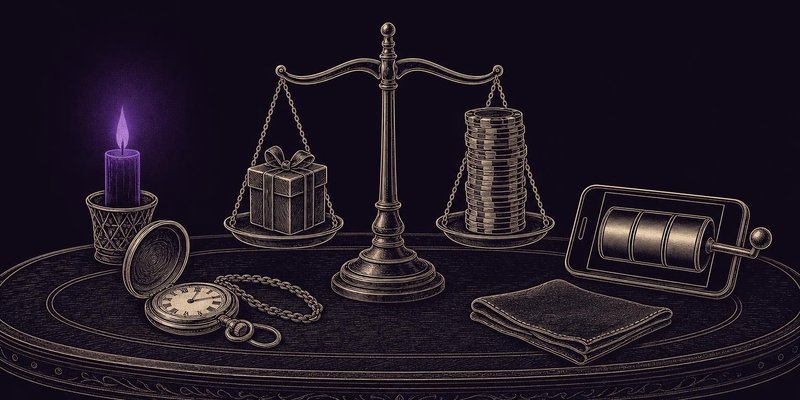 Ilustración a tinta: una balanza antigua que pesa una caja de regalo frente a una pila alta de fichas, junto a un reloj de bolsillo, un móvil con una tragaperras y una servilleta doblada