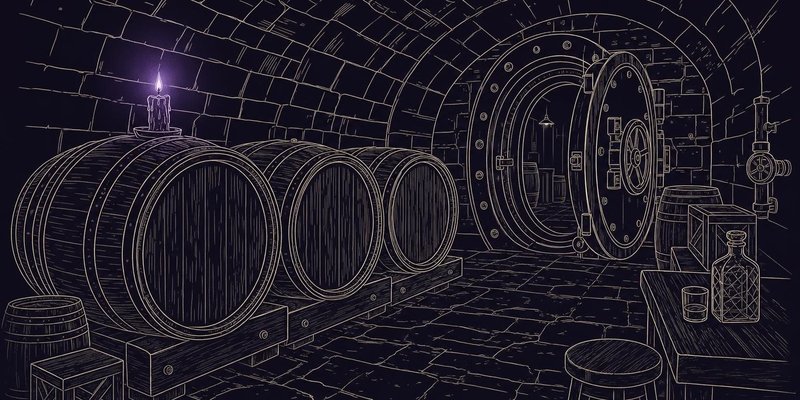 Ilustración a tinta: una bodega abovedada con tres barricas en fila y una puerta de cámara acorazada entreabierta al fondo