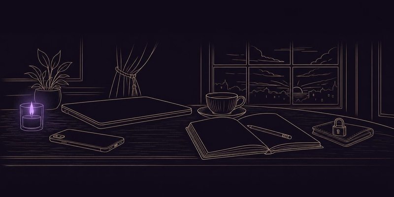Ilustración a tinta: un rincón tranquilo al amanecer con un portátil cerrado, un móvil boca abajo, una taza de té, un cuaderno abierto en blanco y un candado sobre una cartera