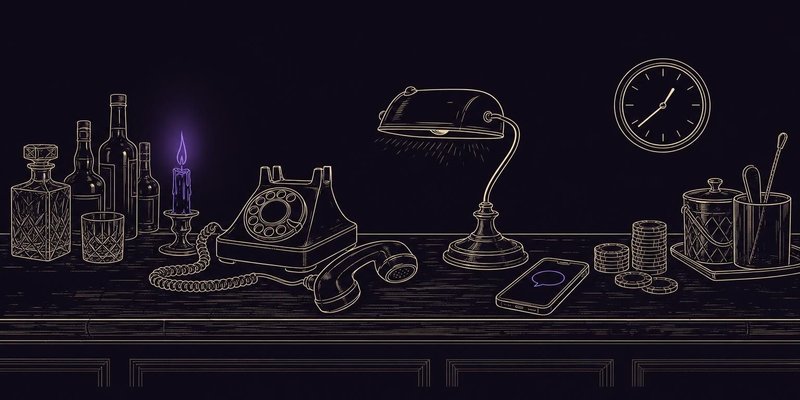 Ilustración a tinta: una barra de noche con un teléfono antiguo descolgado, una lámpara encendida, un móvil con un bocadillo de chat vacío, fichas y un reloj de pared