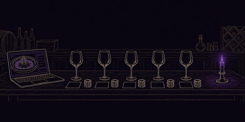 Ilustración a tinta: una mesa de cata alargada con cinco copas de vino en fila, cada una con una tarjeta en blanco y una pila de fichas, y un portátil con una ruleta en un extremo