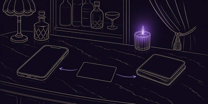 Ilustración a tinta: un móvil, una tarjeta y una cartera sobre la barra, unidos por dos flechas en sentidos opuestos