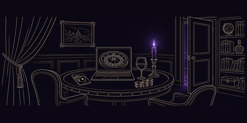 Ilustración a tinta: un cuarto trasero de casino con un portátil que muestra una ruleta, un móvil con cartas, fichas y una copa de vino, junto a una puerta secreta entreabierta
